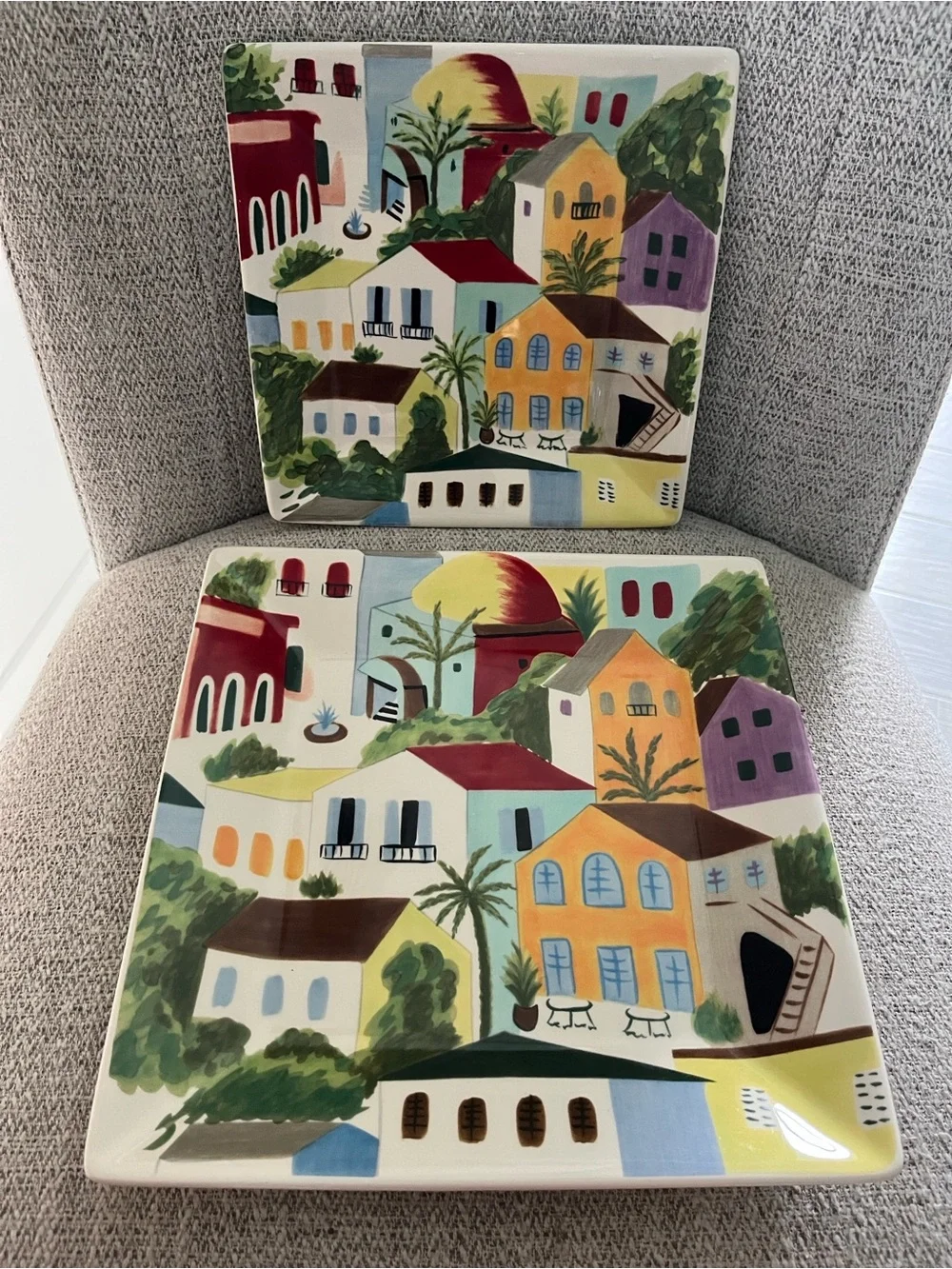 2 Pier 1 Villa del Sol hand painted earthenware square plates tuscan village